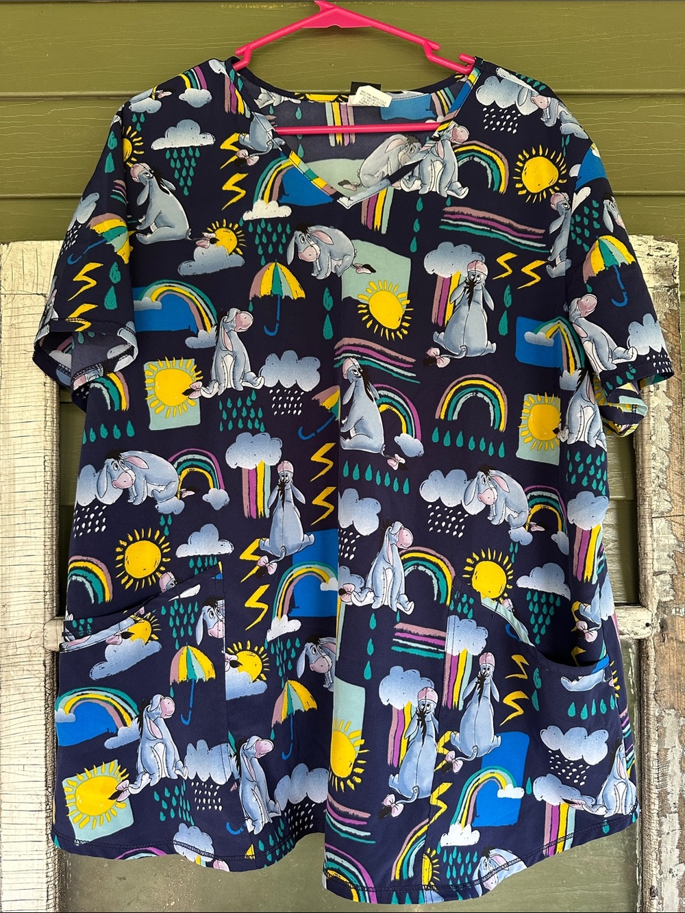 Disney Navy Eeyore Print Scrub Top with Rainbows & Suns